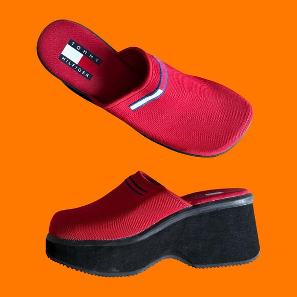 90's vintage red platform mules chunky clogs US Size 7 Tommy Hilfiger - Picture 2 of 8